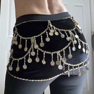 Bellydance hip scarf black velvet with silver coins